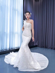 Pearl Beaded Mermaid Wedding Dresses One Shoulder 222206