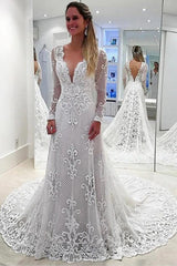 Pearl Lace Appliques A-Line Deep V-neck Backless Long Sleeves Wedding Dress