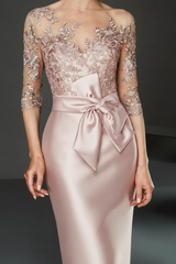 Bateau 3/4 Long Sleeves Satin Mother of the Bride Dresses with Lace