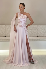 One-Shoulder Sleeveless Chiffon Evening Dresses Long with Side Slit