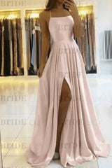 Simple Prom Dress Long With Spaghetti Straps Front Slit Satin Evening Dress