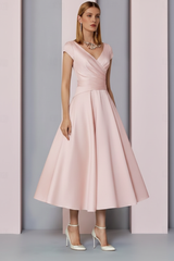 Navy Satin A-Line Mother of the Bride Dress V Neck Tea Length Wedding Guest Dress