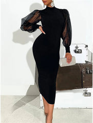 Sheath / Column Wedding Guest Dresses Elegant Dress Party Wear Semi Formal Tea Length Long Sleeve High Neck Stretch Chiffon with Pure Color