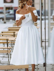 Aimishang Simple Wedding Dresses Satin Little White Dresses A-Line Off Shoulder Formal Short Sleeve Tea Length Bridal Gowns With Solid Color
