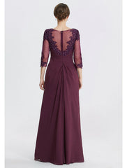 Sheath / Column Mother of the Bride Dress With Overskirts Formal Wedding Guest Elegant Sequin Scoop Neck Floor Length Chiffon Lace 3/4 Sleeve with Appliques Sparkle & Shine
