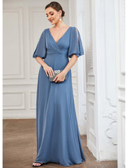 A-Line Evening Gown Dress Wedding Guest Floor Length Half Sleeve V Neck Chiffon with Pleats
