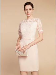 Aimishang  Two Piece A-Line Mother of the Bride Dress Wedding Guest Elegant Petite Jewel Neck Short / Mini Lace Stretch Fabric 3/4 Length Sleeve with Bow(s) Ruffles Solid Color