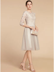Aimishang A-Line Mother of the Bride Dress Wedding Guest Elegant Petite Jewel Neck Knee Length Lace Tulle Half Sleeve with Pleats Solid Color