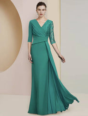 Sheath / Column Mother of the Bride Dress Formal Wedding Guest Party Elegant V Neck Floor Length Chiffon Lace Half Sleeve with Ruching