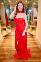 Chiffon A-Line Strapless Backless Leg Slit Prom Dress with Scarf