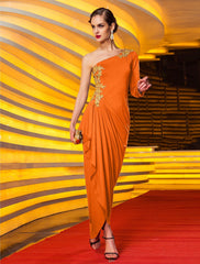 Sheath / Column Celebrity Style Party Wear Formal Evening Dress One Shoulder Long Sleeve Ankle Length Jersey with Beading Draping Appliques