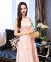 Simple pink satin high neck prom dress pink formal dress