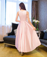 Simple pink satin high neck prom dress pink formal dress