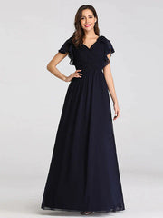 A-Line Mother of the Bride Dress Plus Size V Neck Floor Length Chiffon Short Sleeve with Ruffles Ruching