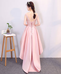 Roze met een hoog lage kanten prom -jurk, roze formele bruidsmeisje jurk