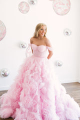 Lavender A-line Off-the-Shoulder Ruffle Layers Long Prom Dress