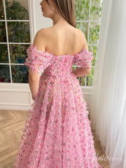 Pink 3D Flower Prom Dresses with Slit Floral Gown with Pockets TO014