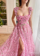 Pink 3D Flower Prom Dresses with Slit Floral Gown with Pockets TO014