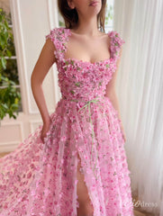 Pink 3D Flower Prom Dresses with Slit Floral Gown with Pockets TO014