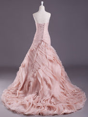Pink A-Line Strapless Sweetheart Neck Tiered Sweep Wedding Gown