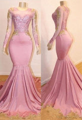 Pink Appliques Long Sleevess Prom Dresses New Arrival Gorgeous Mermaid Evening Gowns