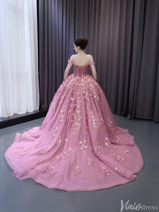 Pink Beaded Floral Wedding Dresses Sparkly Off the Shoulder Quinceanera Dress 241028