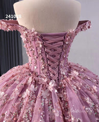 Pink Beaded Floral Wedding Dresses Sparkly Off the Shoulder Quinceanera Dress 241028