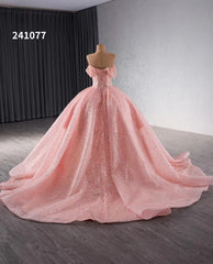 Pink Beaded Flower Wedding Gowns Sparkly Off the Shoulder Quinceanera Dress 241077