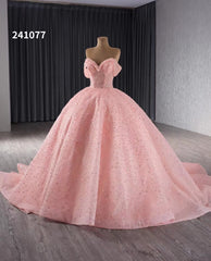 Pink Beaded Flower Wedding Gowns Sparkly Off the Shoulder Quinceanera Dress 241077