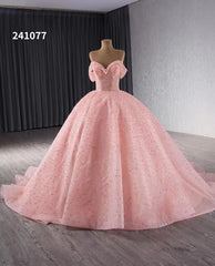Pink Beaded Flower Wedding Gowns Sparkly Off the Shoulder Quinceanera Dress 241077