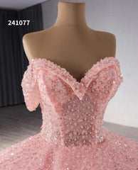 Pink Beaded Flower Wedding Gowns Sparkly Off the Shoulder Quinceanera Dress 241077