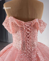 Pink Beaded Flower Wedding Gowns Sparkly Off the Shoulder Quinceanera Dress 241077
