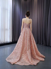 Pink Beaded Lace Wedding Gown Spaghetti Strap Quinceanera Dress 241064