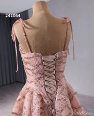 Pink Beaded Lace Wedding Gown Spaghetti Strap Quinceanera Dress 241064