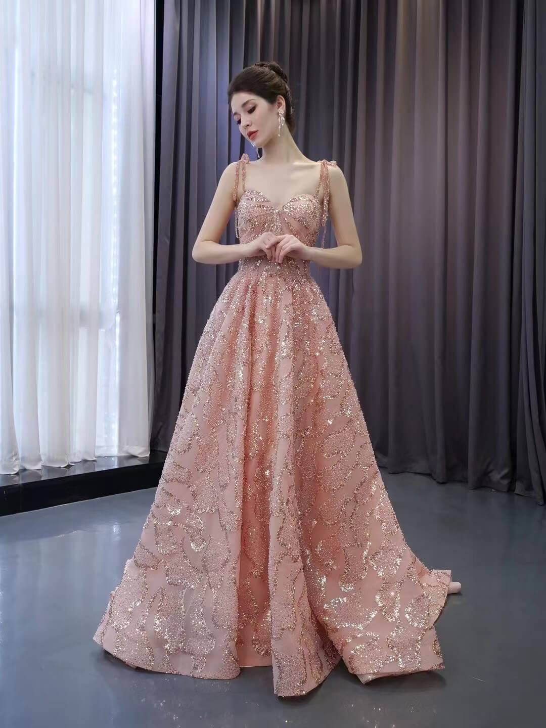 Pink Beaded Lace Wedding Gown Spaghetti Strap Quinceanera Dress 241064