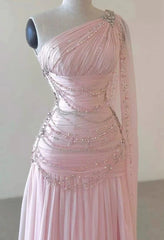 Fantasy Pink Chiffon Prom Dress Long Beaded Formal Evening Gown