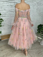 Pink Floral Lace Prom Dresses 2025 Off the Shoulder Long Sleeve Maxi Dresses with Pockets - TO0002