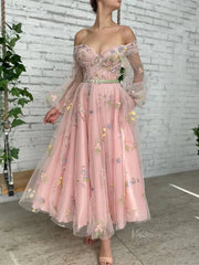 Pink Floral Lace Prom Dresses 2025 Off the Shoulder Long Sleeve Maxi Dresses with Pockets - TO0002