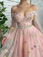 Pink Floral Lace Prom Dresses 2025 Off the Shoulder Long Sleeve Maxi Dresses with Pockets - TO0002