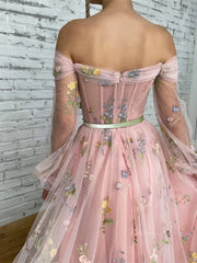 Pink Floral Lace Prom Dresses 2025 Off the Shoulder Long Sleeve Maxi Dresses with Pockets - TO0002