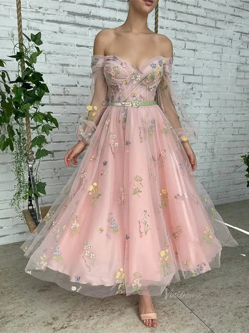 Pink Floral Lace Prom Dresses 2025 Off the Shoulder Long Sleeve Maxi Dresses with Pockets - TO0002