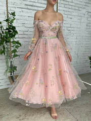Pink Floral Lace Prom Dresses 2025 Off the Shoulder Long Sleeve Maxi Dresses with Pockets - TO0002