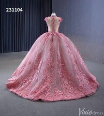 Pink Floral Princess Wedding Gown Cap Sleeve High Neck Quinceanera Dress 231104