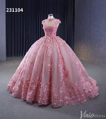 Pink Floral Princess Wedding Gown Cap Sleeve High Neck Quinceanera Dress 231104