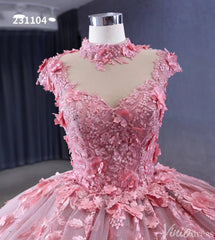 Pink Floral Princess Wedding Gown Cap Sleeve High Neck Quinceanera Dress 231104