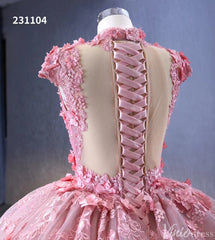 Pink Floral Princess Wedding Gown Cap Sleeve High Neck Quinceanera Dress 231104