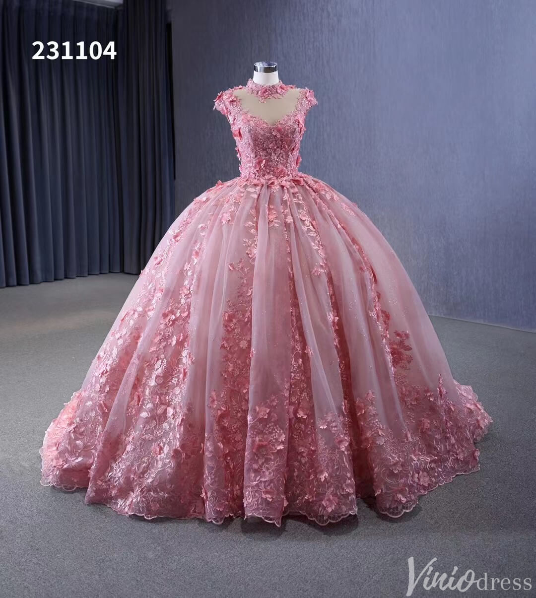 Pink Floral Princess Wedding Gown Cap Sleeve High Neck Quinceanera Dress 231104