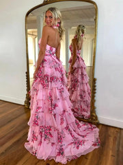 Pink Floral Tulle Prom Dresses 2025 Tiered Halter Neck Formal Gown with Slit - FD5307