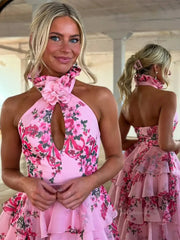 Pink Floral Tulle Prom Dresses 2025 Tiered Halter Neck Formal Gown with Slit - FD5307