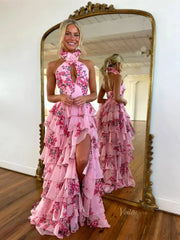 Pink Floral Tulle Prom Dresses 2025 Tiered Halter Neck Formal Gown with Slit - FD5307